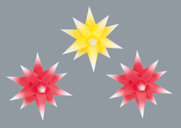 roter Kern mit weißer Spitze (2x), gelber Kern mit weißer Spitze (1x)